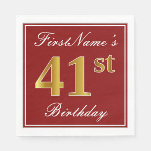 Elegant Red, Faux Gold 41st Birthday + Custom Name Napkin
