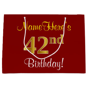 Elegant, Red, Faux Gold 42nd Birthday; Custom Name Large Gift Bag