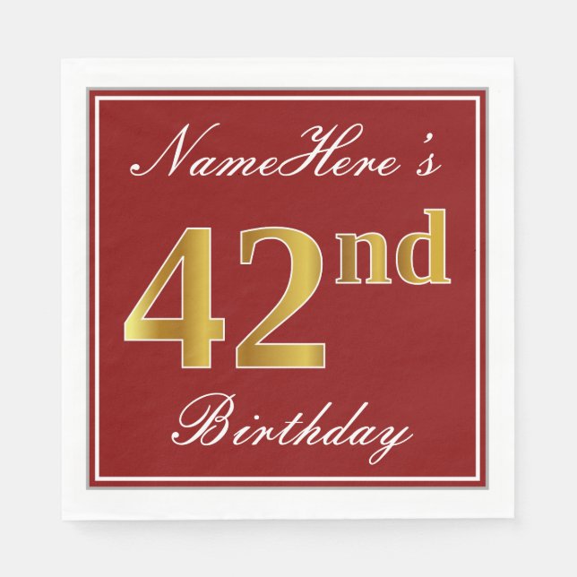 Elegant Red, Faux Gold 42nd Birthday + Custom Name Napkin (Front)