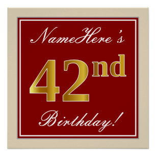 Elegant, Red, Faux Gold 42nd Birthday; Custom Name Poster