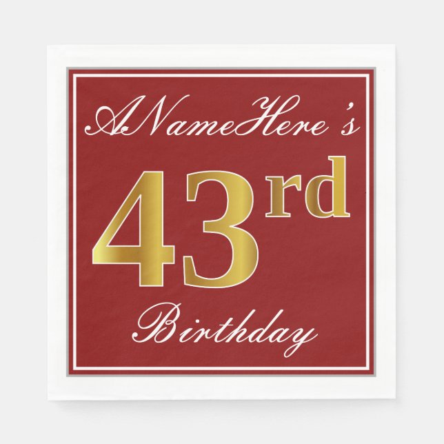 Elegant Red, Faux Gold 43rd Birthday + Custom Name Napkin (Front)