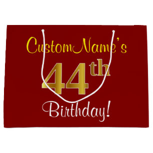 Elegant, Red, Faux Gold 44th Birthday; Custom Name Large Gift Bag