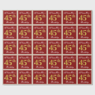 Elegant, Red, Faux Gold 45th Birthday; Custom Name Wrapping Paper