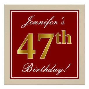 Elegant, Red, Faux Gold 47th Birthday; Custom Name Poster