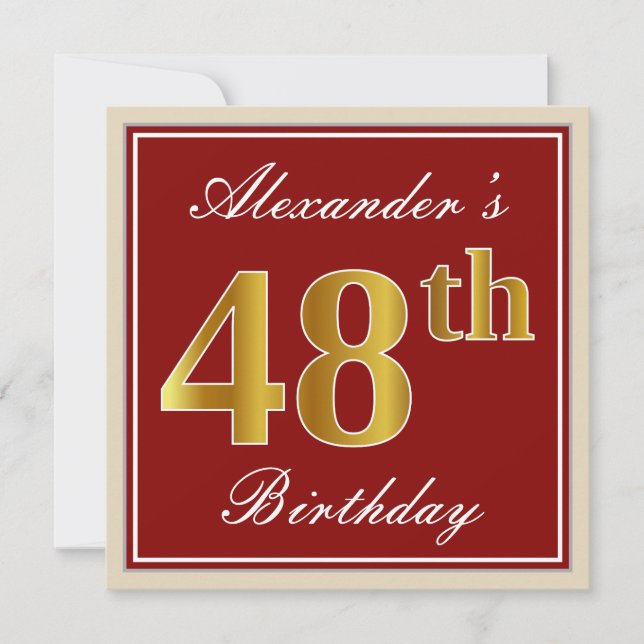 Elegant, Red, Faux Gold 48th Birthday; Custom Name Invitation (Front)