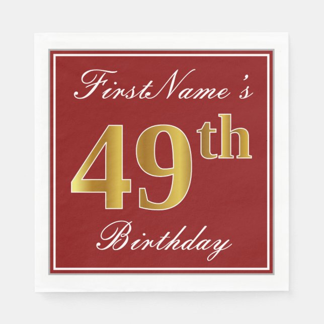 Elegant Red, Faux Gold 49th Birthday + Custom Name Napkin (Front)