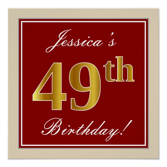 Elegant, Red, Faux Gold 49th Birthday; Custom Name Poster (Front)
