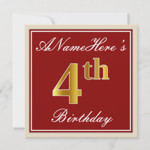 Elegant, Red, Faux Gold 4th Birthday + Custom Name Invitation