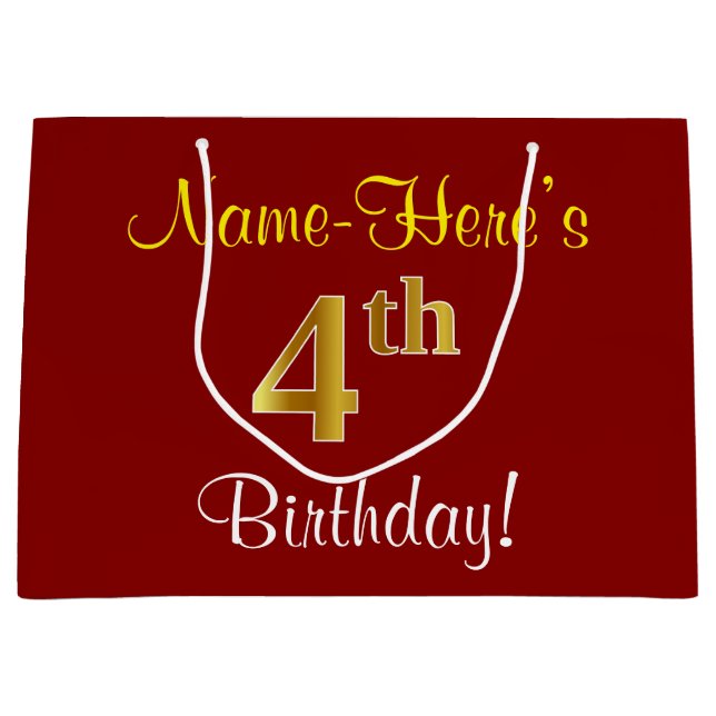 Elegant, Red, Faux Gold 4th Birthday + Custom Name Large Gift Bag (Front)