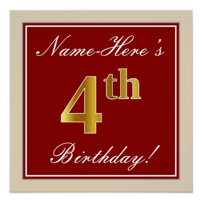 Elegant, Red, Faux Gold 4th Birthday + Custom Name Poster (Front)