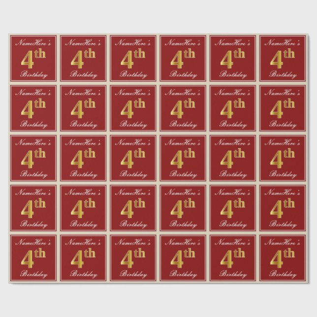 Elegant, Red, Faux Gold 4th Birthday + Custom Name Wrapping Paper (Flat)