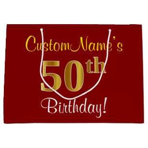 Elegant, Red, Faux Gold 50th Birthday; Custom Name Large Gift Bag