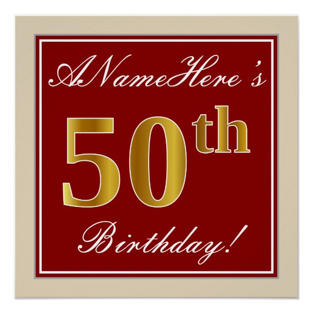 Elegant, Red, Faux Gold 50th Birthday; Custom Name Poster (Front)