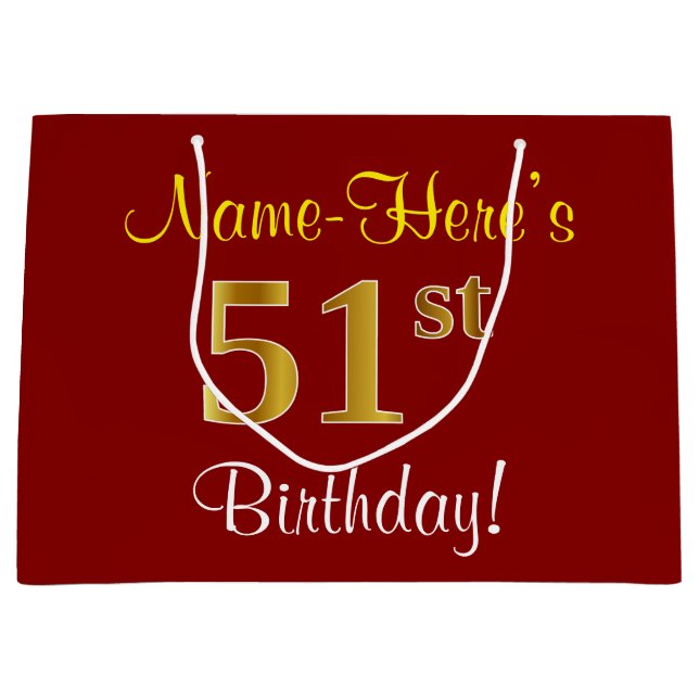 Elegant, Red, Faux Gold 51st Birthday; Custom Name Large Gift Bag (Front)