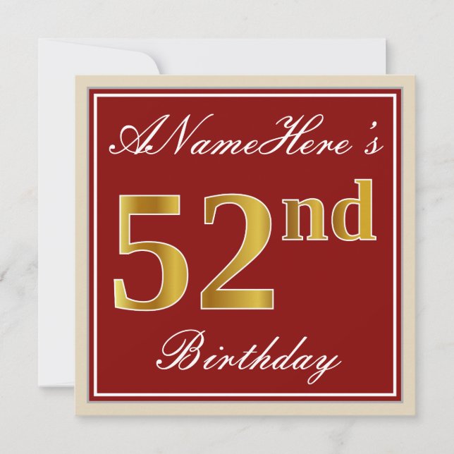 Elegant, Red, Faux Gold 52nd Birthday; Custom Name Invitation (Front)