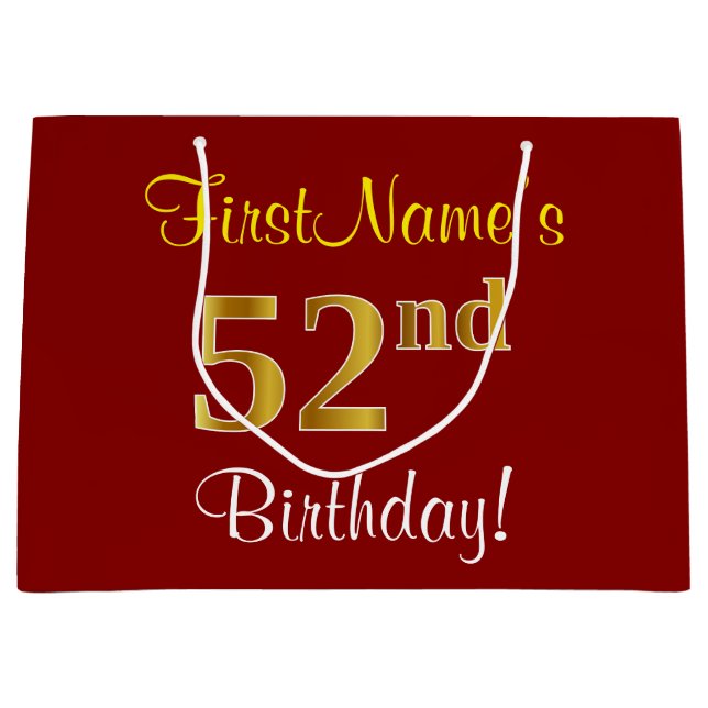 Elegant, Red, Faux Gold 52nd Birthday; Custom Name Large Gift Bag (Front)