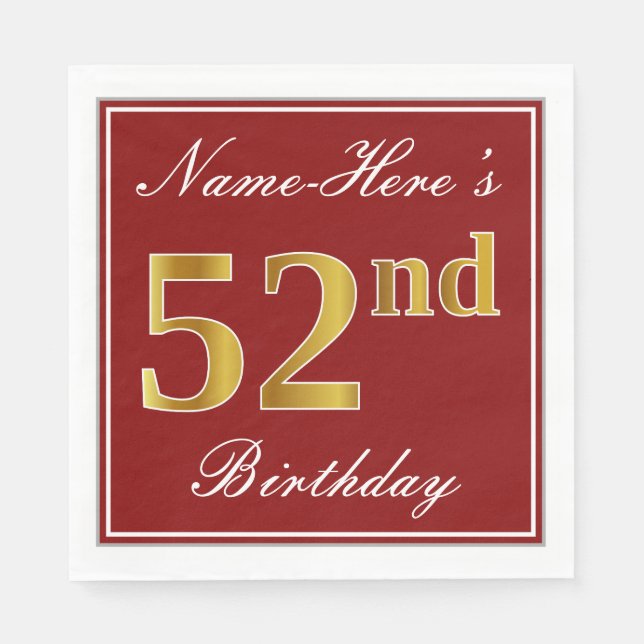 Elegant Red, Faux Gold 52nd Birthday + Custom Name Napkin (Front)