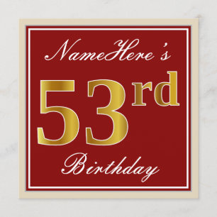 Elegant, Red, Faux Gold 53rd Birthday; Custom Name Invitation