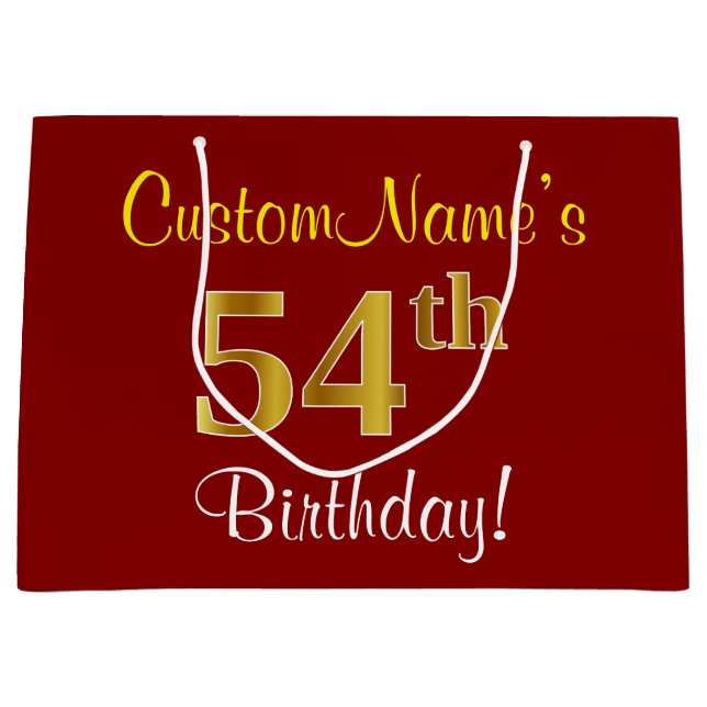 Elegant, Red, Faux Gold 54th Birthday; Custom Name Large Gift Bag (Front)