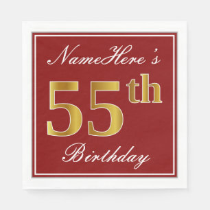 Elegant Red, Faux Gold 55th Birthday + Custom Name Napkin