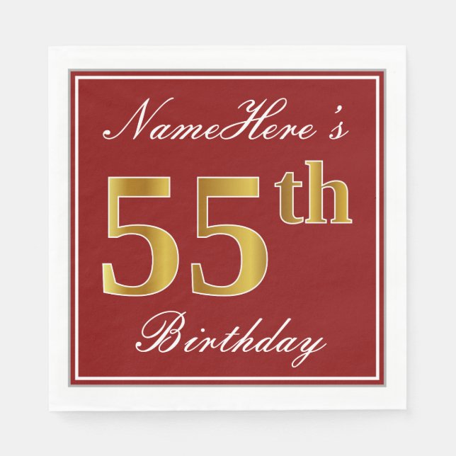 Elegant Red, Faux Gold 55th Birthday + Custom Name Napkin (Front)