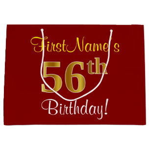 Elegant, Red, Faux Gold 56th Birthday; Custom Name Large Gift Bag