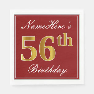 Elegant Red, Faux Gold 56th Birthday + Custom Name Napkin