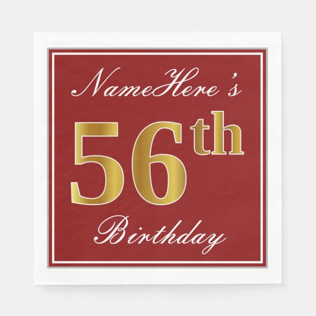 Elegant Red, Faux Gold 56th Birthday + Custom Name Napkin (Front)