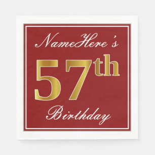 Elegant Red, Faux Gold 57th Birthday + Custom Name Napkin