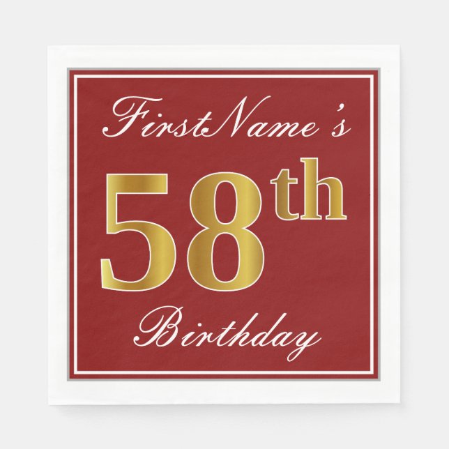 Elegant Red, Faux Gold 58th Birthday + Custom Name Napkin (Front)