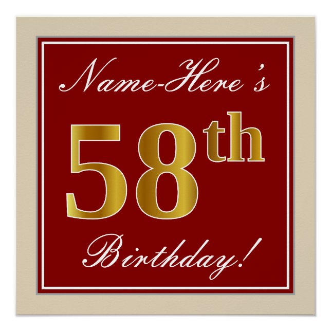 Elegant, Red, Faux Gold 58th Birthday; Custom Name Poster (Front)