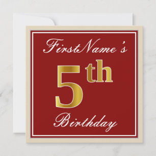 Elegant, Red, Faux Gold 5th Birthday + Custom Name Invitation