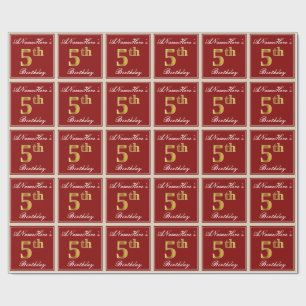 Elegant, Red, Faux Gold 5th Birthday + Custom Name Wrapping Paper
