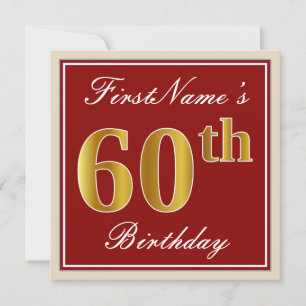 Elegant, Red, Faux Gold 60th Birthday; Custom Name Invitation