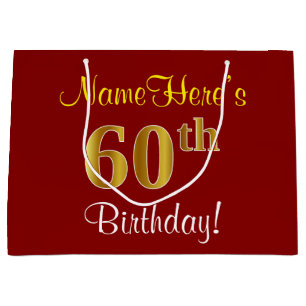 Elegant, Red, Faux Gold 60th Birthday; Custom Name Large Gift Bag