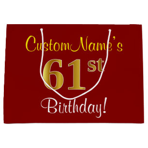 Elegant, Red, Faux Gold 61st Birthday; Custom Name Large Gift Bag