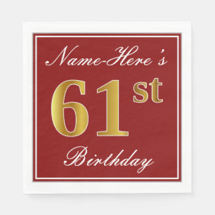 Elegant Red, Faux Gold 61st Birthday + Custom Name Napkin