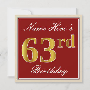 Elegant, Red, Faux Gold 63rd Birthday; Custom Name Invitation