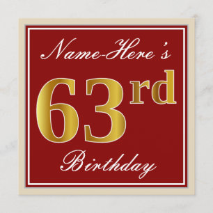 Elegant, Red, Faux Gold 63rd Birthday; Custom Name Invitation