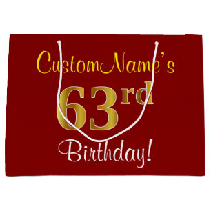 Elegant, Red, Faux Gold 63rd Birthday; Custom Name Large Gift Bag