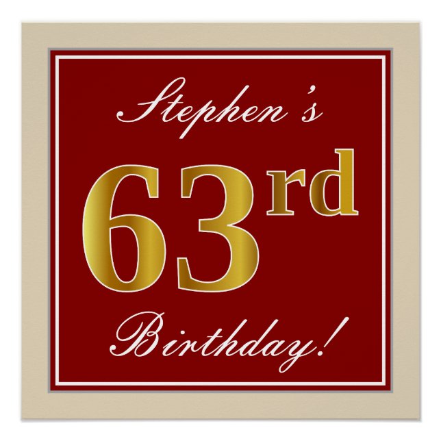 Elegant, Red, Faux Gold 63rd Birthday; Custom Name Poster (Front)