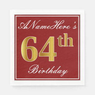 Elegant Red, Faux Gold 64th Birthday + Custom Name Napkin