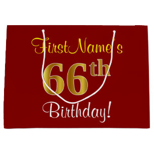 Elegant, Red, Faux Gold 66th Birthday; Custom Name Large Gift Bag