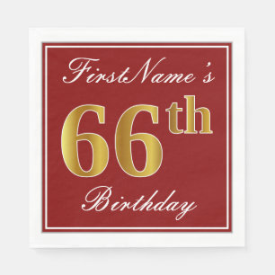 Elegant Red, Faux Gold 66th Birthday + Custom Name Napkin