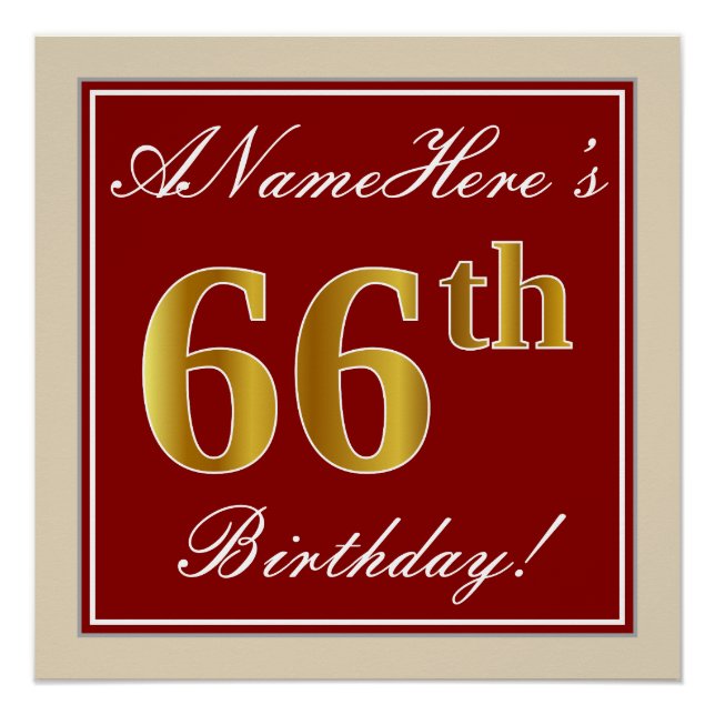Elegant, Red, Faux Gold 66th Birthday; Custom Name Poster (Front)