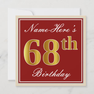 Elegant, Red, Faux Gold 68th Birthday; Custom Name Invitation