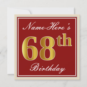 Elegant, Red, Faux Gold 68th Birthday; Custom Name Invitation