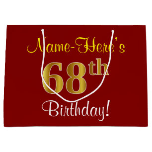 Elegant, Red, Faux Gold 68th Birthday; Custom Name Large Gift Bag