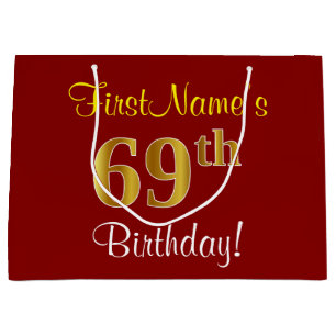 Elegant, Red, Faux Gold 69th Birthday; Custom Name Large Gift Bag