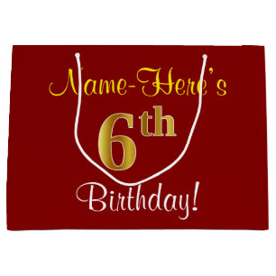 Elegant, Red, Faux Gold 6th Birthday + Custom Name Large Gift Bag